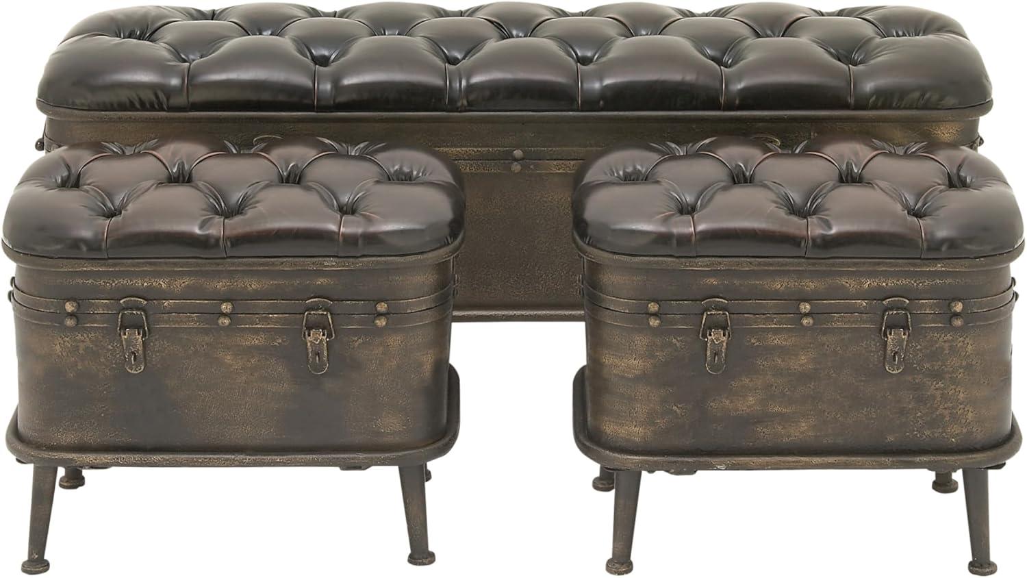 DecMode Metal Storage Bench with Tufted Faux Leather, Brown, Set of 3