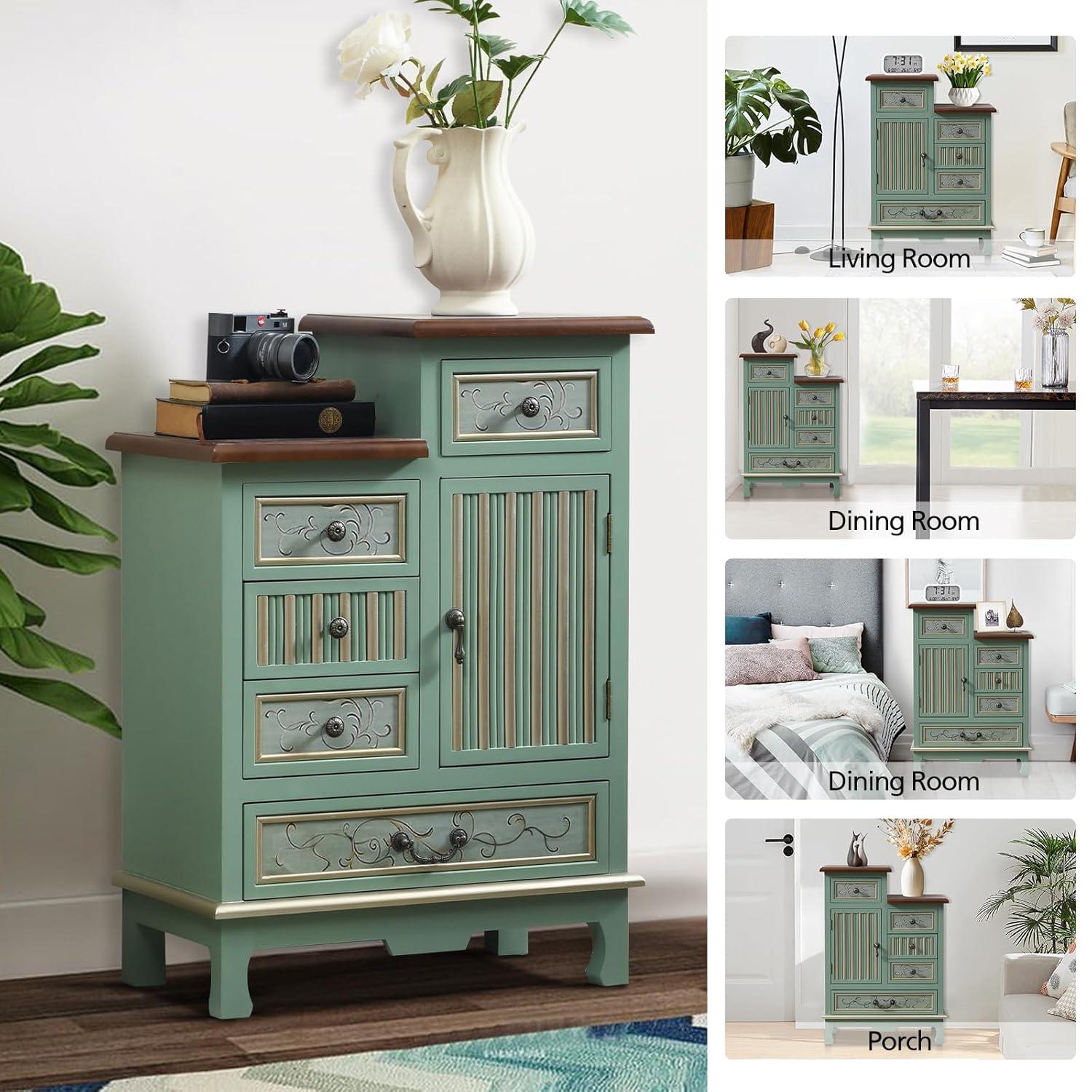 Fienley Farmhouse 21.6"W x 30.6"H x 11.8"D 1-Door Carved Wood Accent Chest With 5-Drawers, Rich Natural,Blue