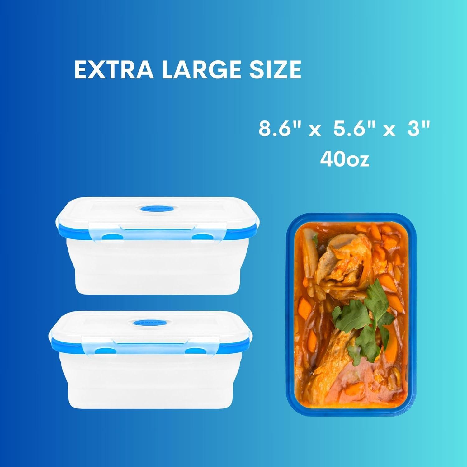 Blue Collapsible Silicone Food Storage Containers, Set of 2, 40oz