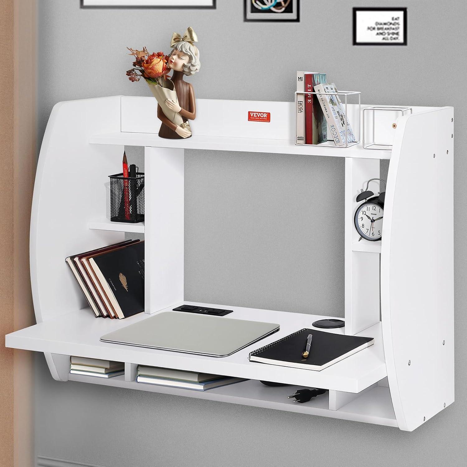 White Wall Mounted Foldable Desk with Power Outlet and Storage