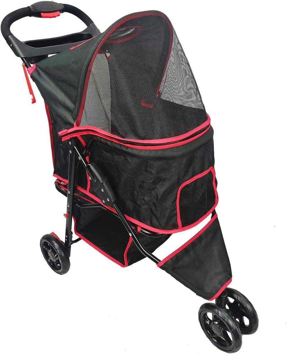 Black and Red Foldable Pet Stroller with Mesh Cover