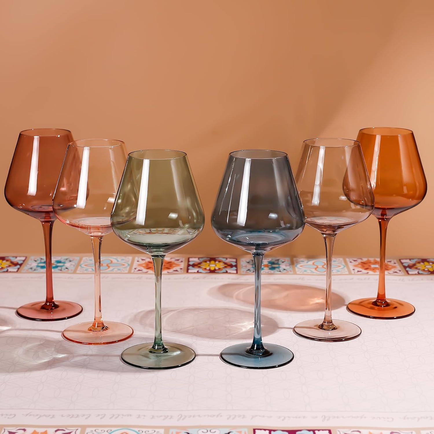 Bella Vino Set of 6 Multi Colored Crystal Wine Glasses - 18oz.