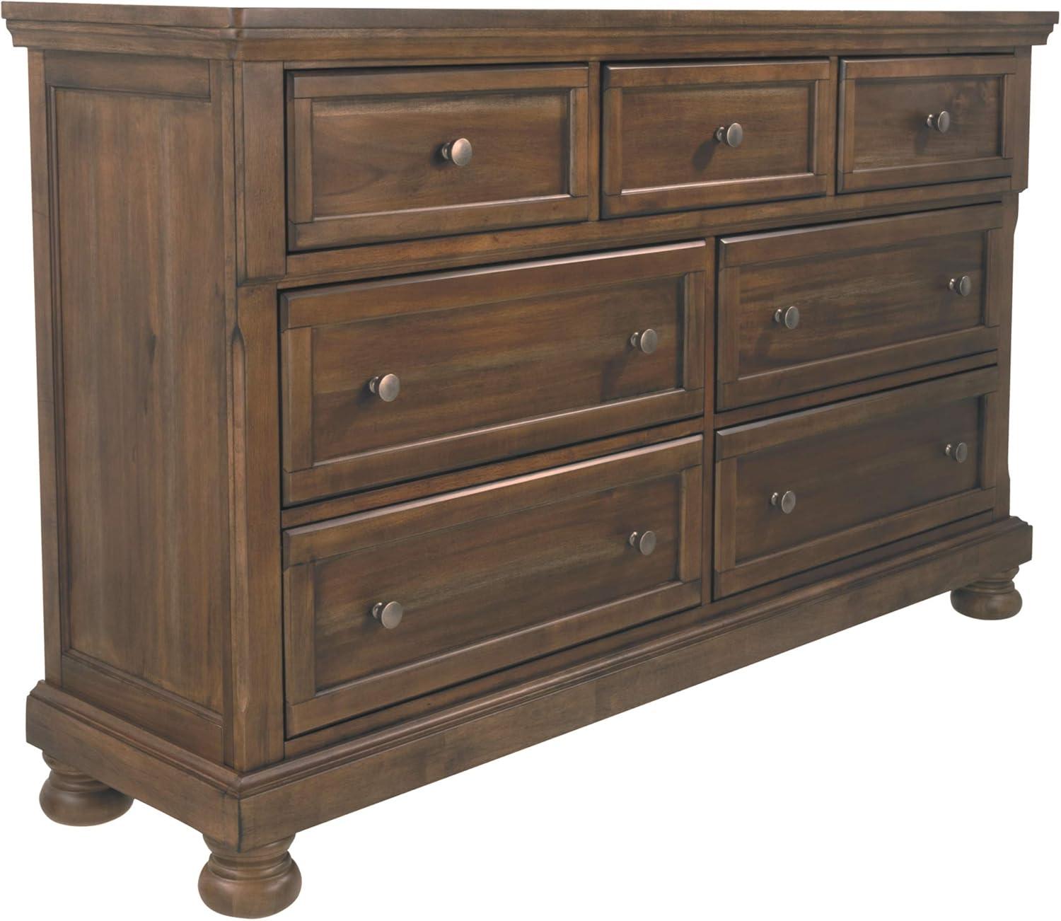 Traditional Tobacco Brown Dresser with Aged Brass Knobs and Mirror