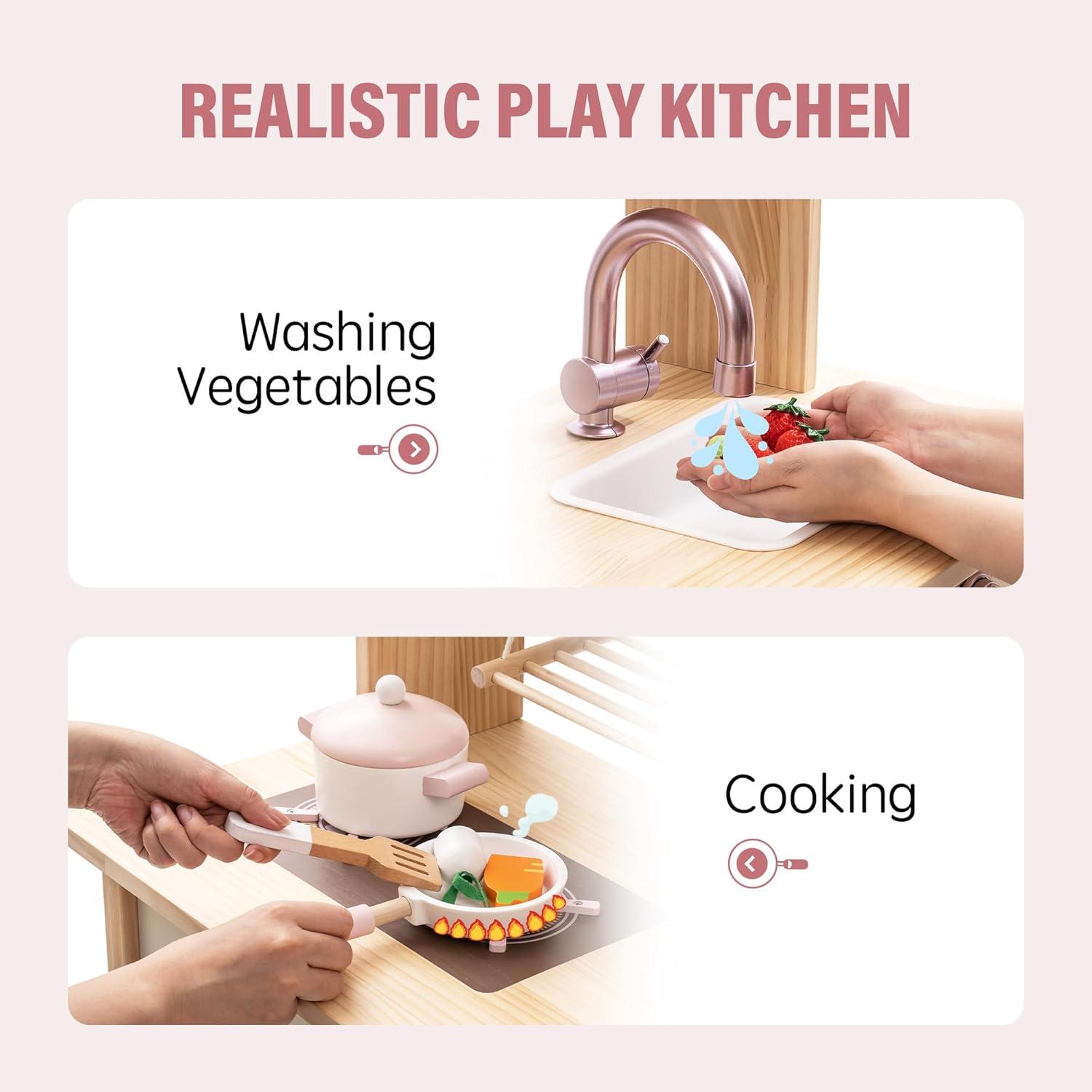 ROBOTIME Wooden Play Kitchen with Realistic Accessories for Kids Toddlers Girls & Boys Modern Style Cooking Toy Pink Kitchen