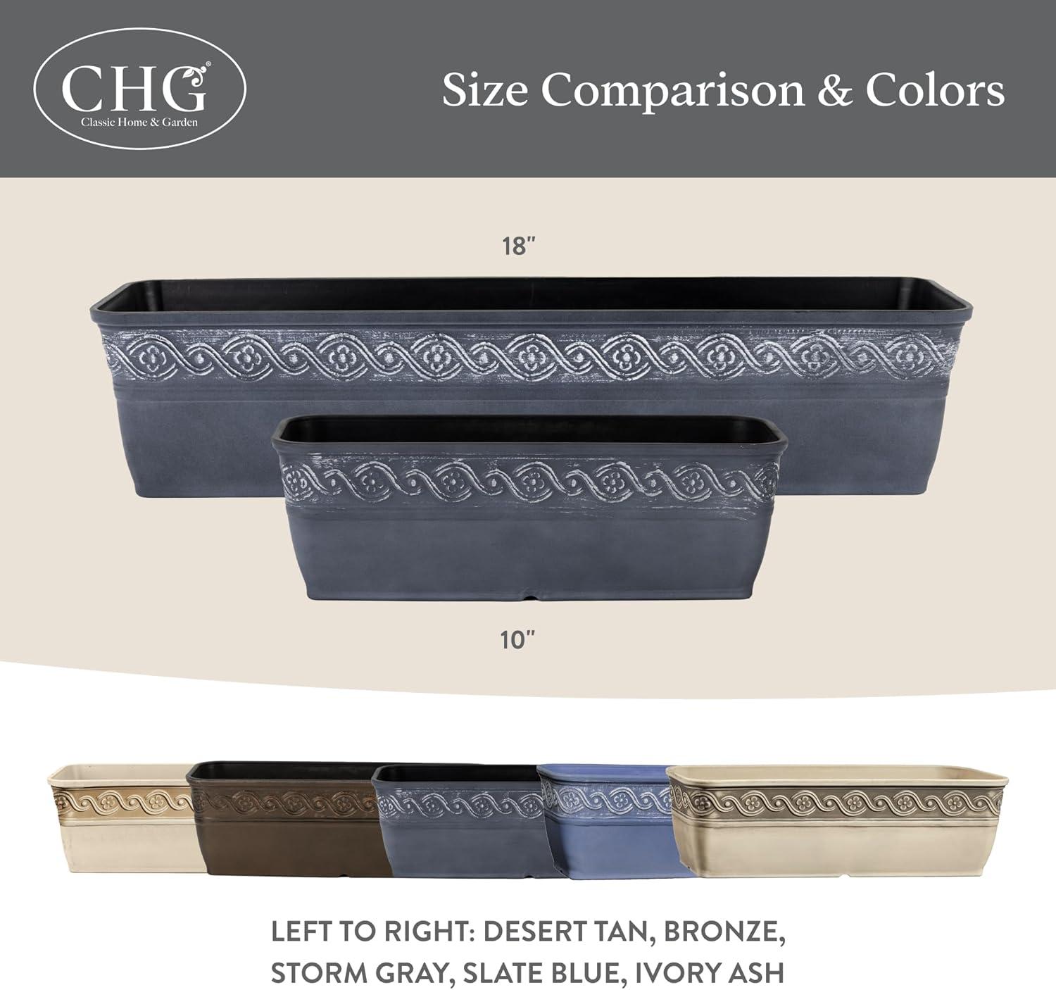 Classic Home and Garden Corinthian Rectangular Planter Box w/Drain Plug - Small Succulent Pots - Shallow Trough Planter for Indoor/Outdoor (10” Storm Gray, Pack of 3)