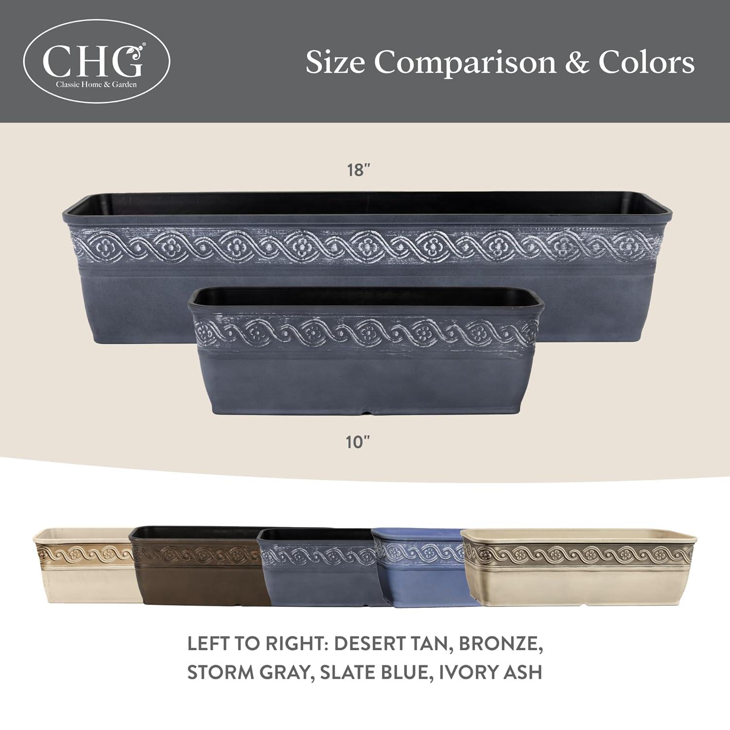 Classic Home and Garden Corinthian Rectangular Planter Box w/Drain Plug - Small Succulent Pots - Shallow Trough Planter for Indoor/Outdoor (10” Storm Gray, Pack of 3)