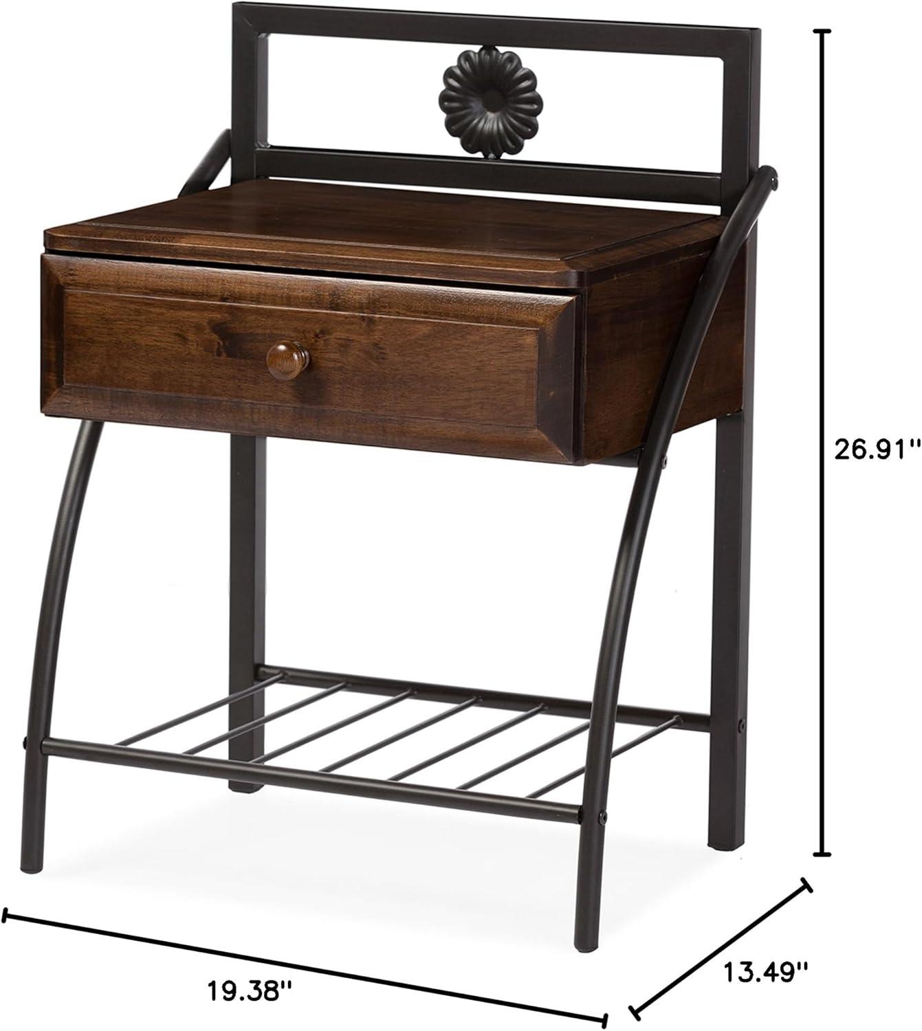 Jevenci Vintage Industrial Black Metal and Wood Nightstand with Drawer