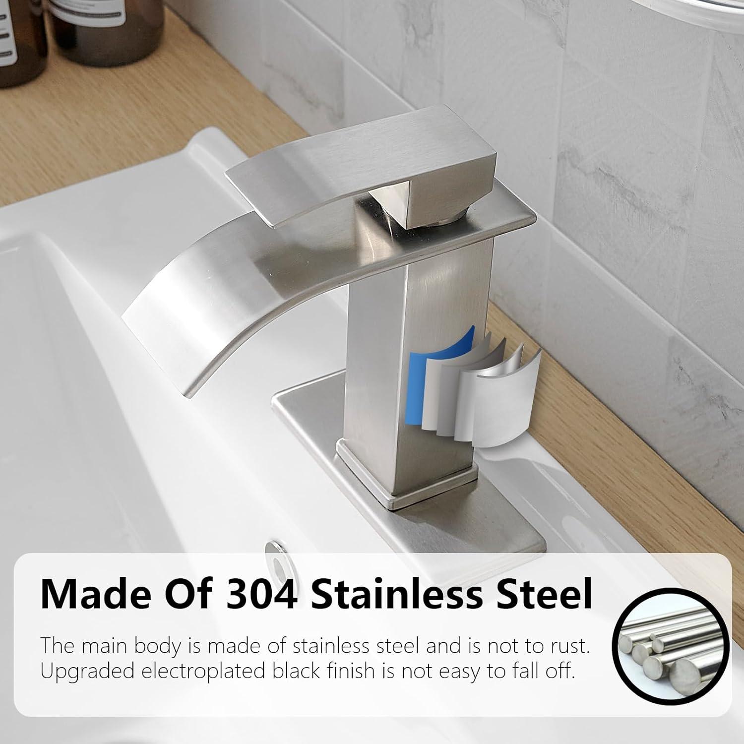 Brushed Nickel Square Waterfall Bathroom Faucet with Deck Plate