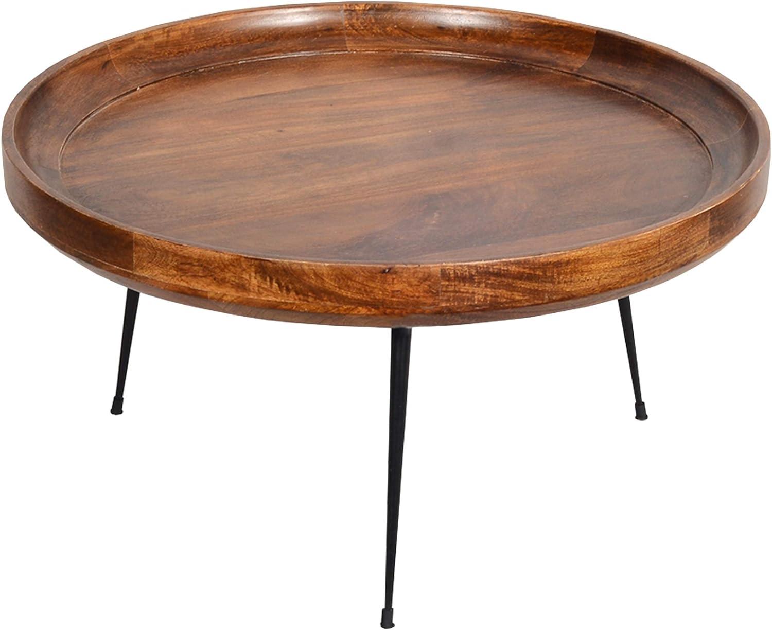 Round Mango Wood Coffee Table with Splayed Metal Legs, 30"