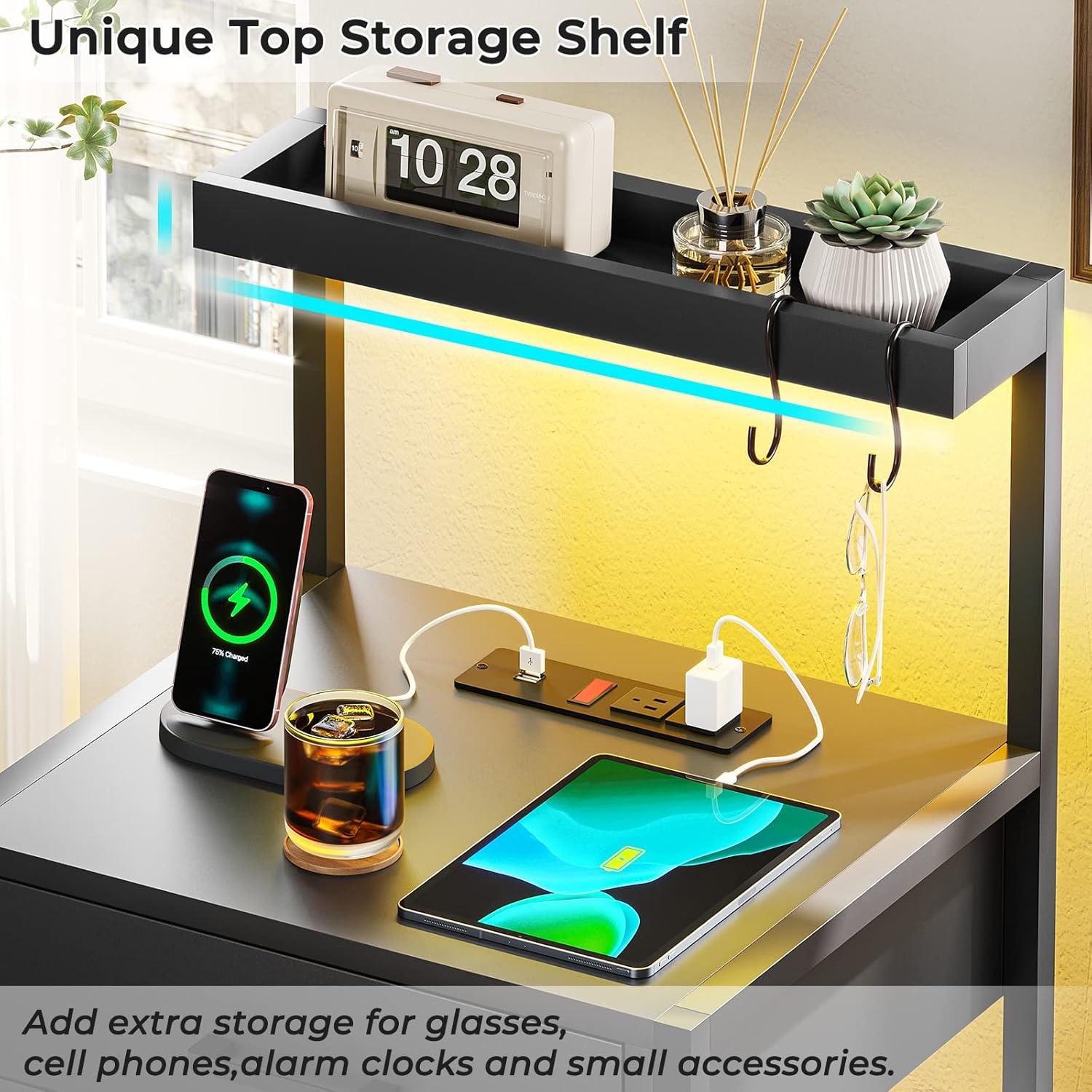 Afuhokles Led Nightstand with Charging Station,2 Drawers Night Stands with Led Lights, Black Bedside Tables with Storage Shelves