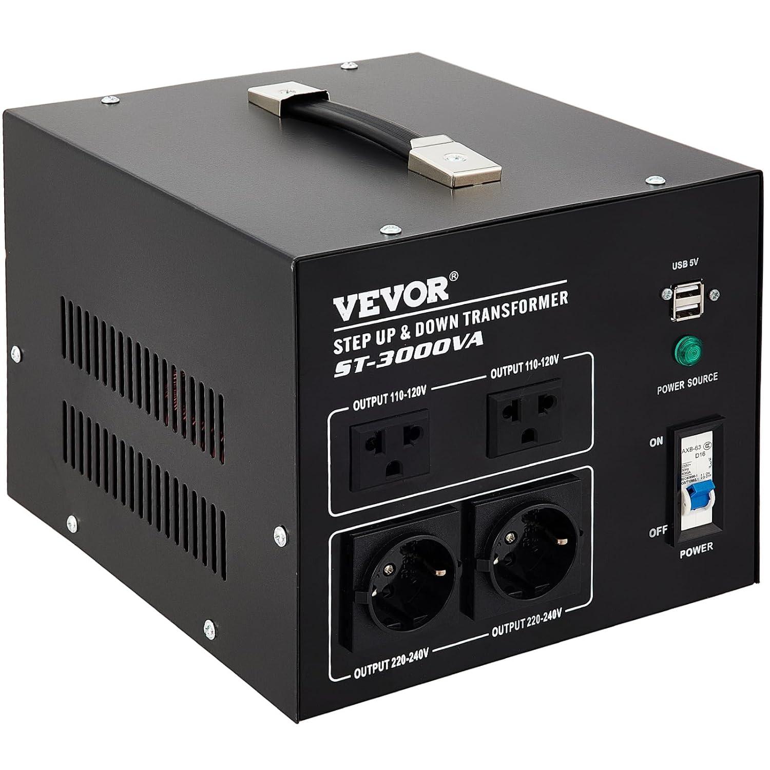 VEVOR 3000W Black Step Up/Down Voltage Transformer with USB Port