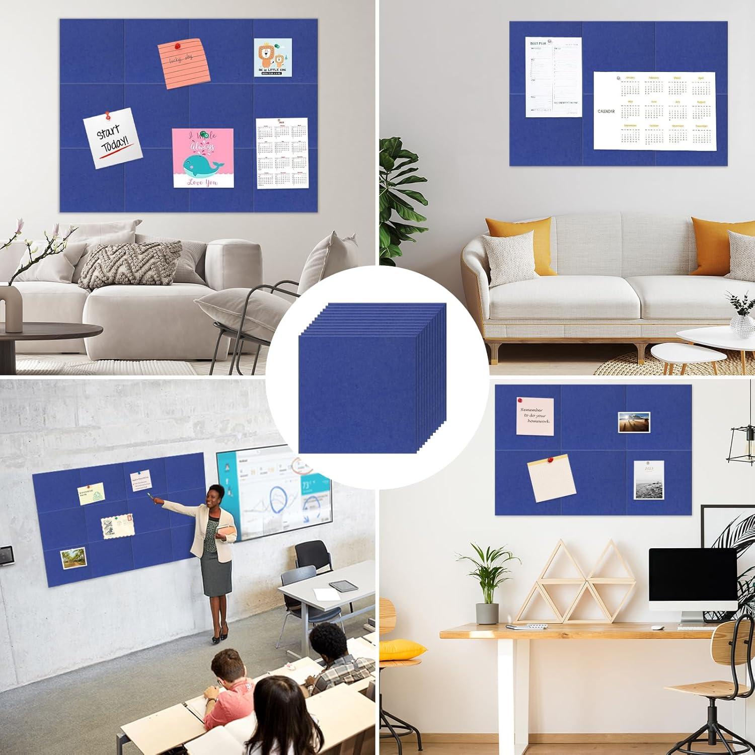 Large Cork Board Alternative 48" x 36", Black Bulletin Board, 12 Pack Felt Wall Tiles With 50 Pushpins, Pin Board Tack Board for Office (Dark Blue)