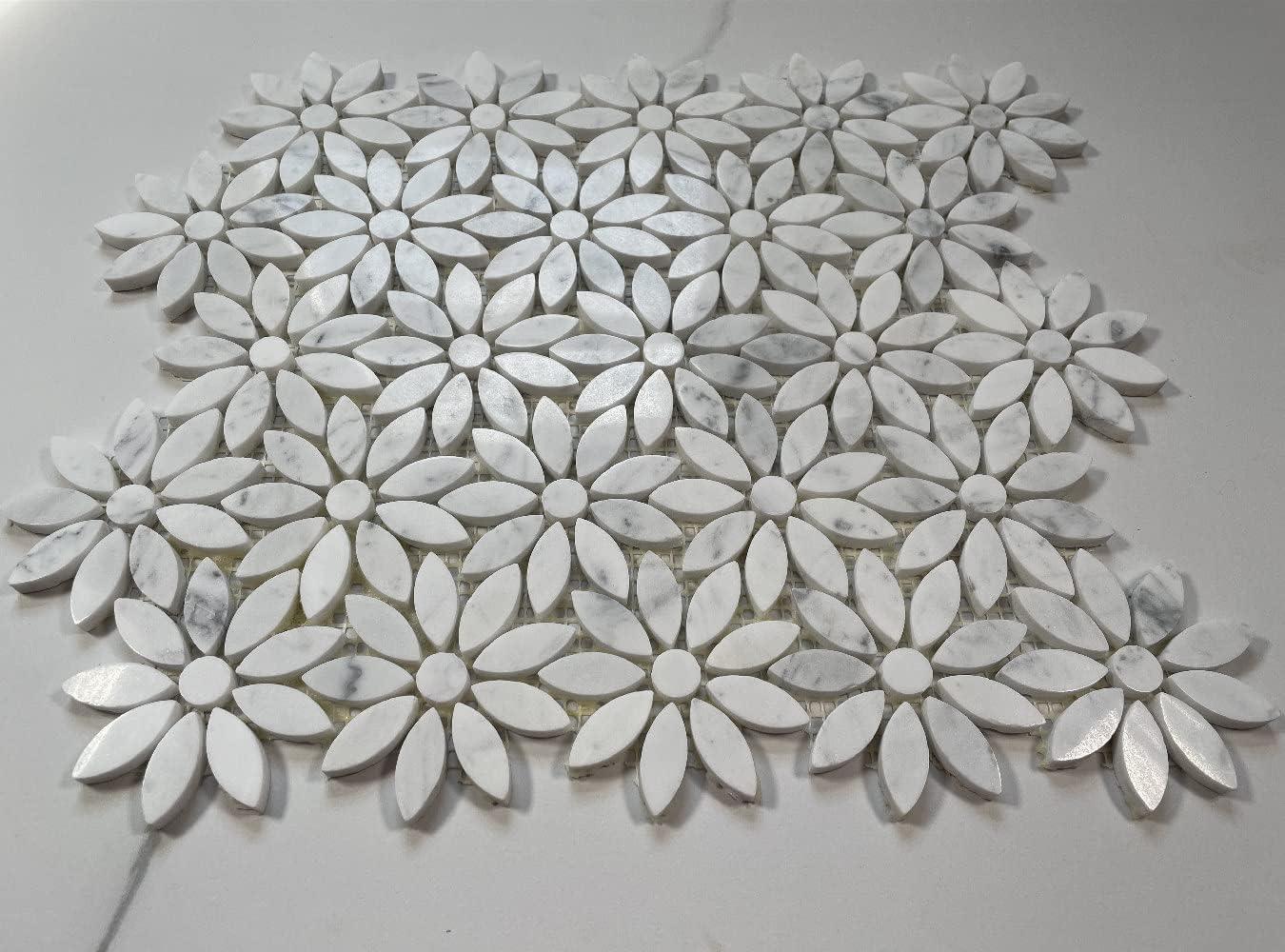 Carrara White Marble Daisy Flower Mosaic Tile Sheet