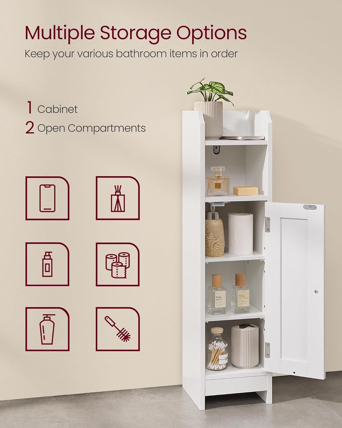 White MDF Narrow Bathroom Storage Cabinet with Adjustable Shelves