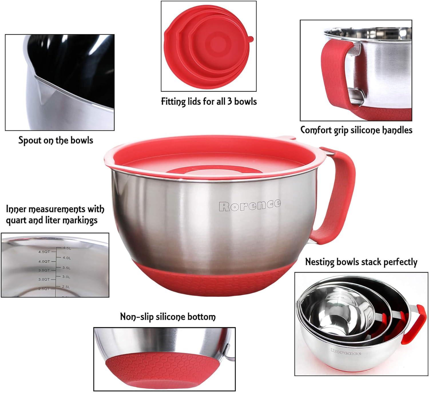 Stainless Steel Mixing Bowl Set with Red Silicone Lids