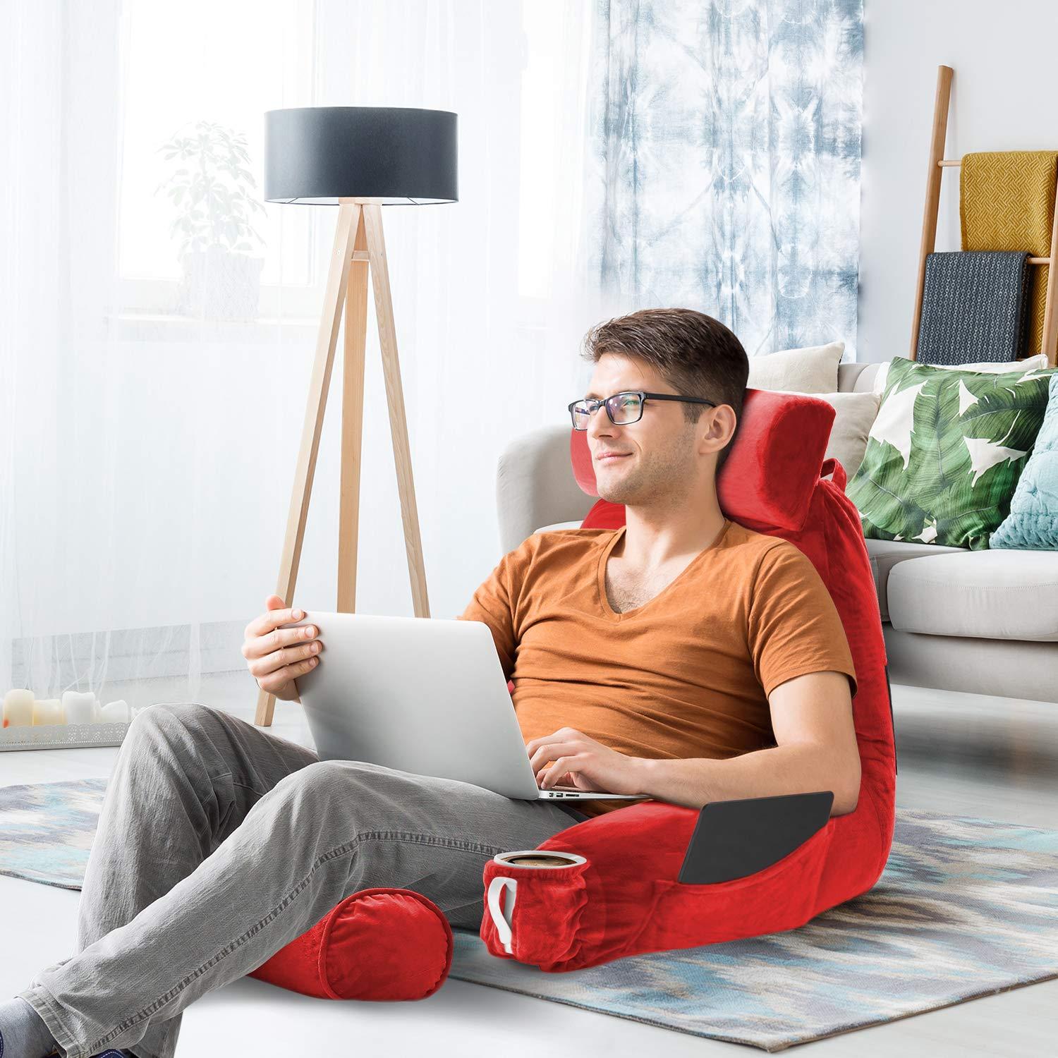 Nestl Reading Pillow with Shredded Memory Foam Includes 2 Neck and Lumber Support Pillows, Designed for Sitting Up in Bed and Couch, Back and Arms Adjustable Support for Adult & Teens, Red