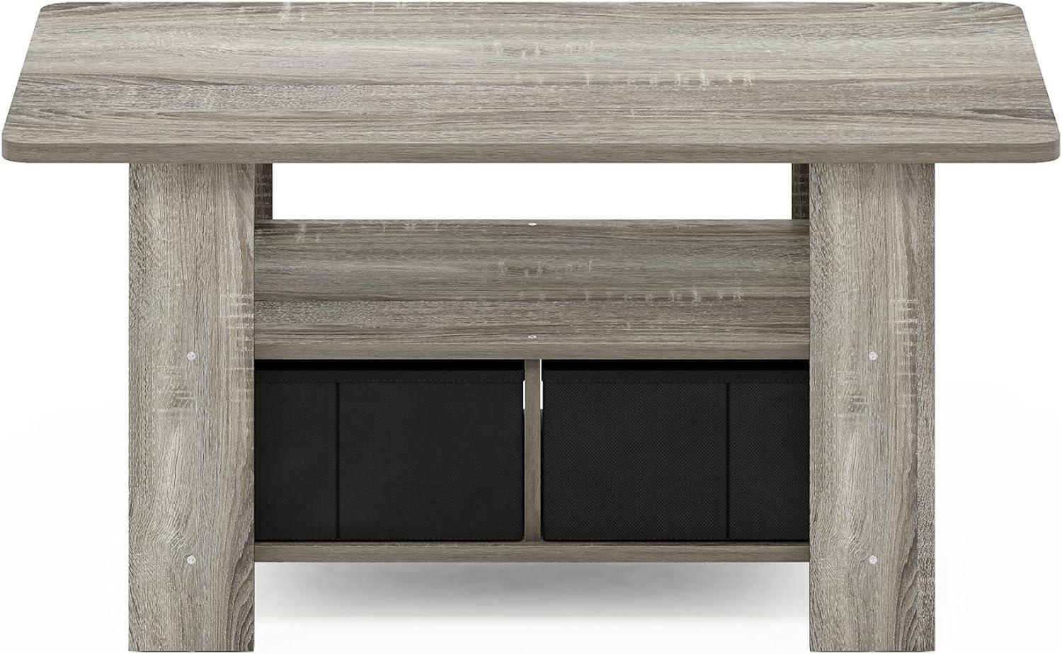 French Oak Gray and Black Wood Coffee Table with Storage Bins