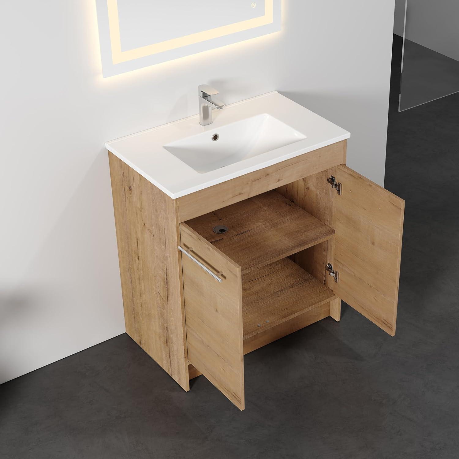 Natural Oak Freestanding Bathroom Vanity with Ceramic Sink, 30 Inch