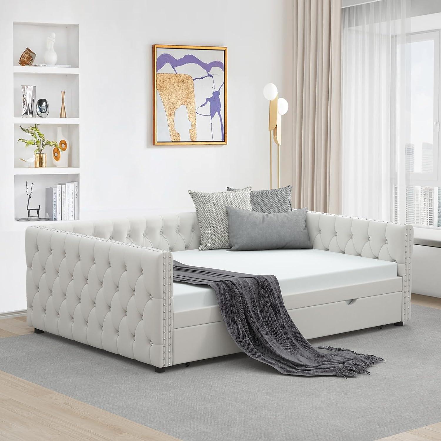 KNeretva Velvet Full Daybed with Twin Trundle, Modern Upholstered Full Size Day Bed Button-Tufted Sofa Daybed Frame (Black)