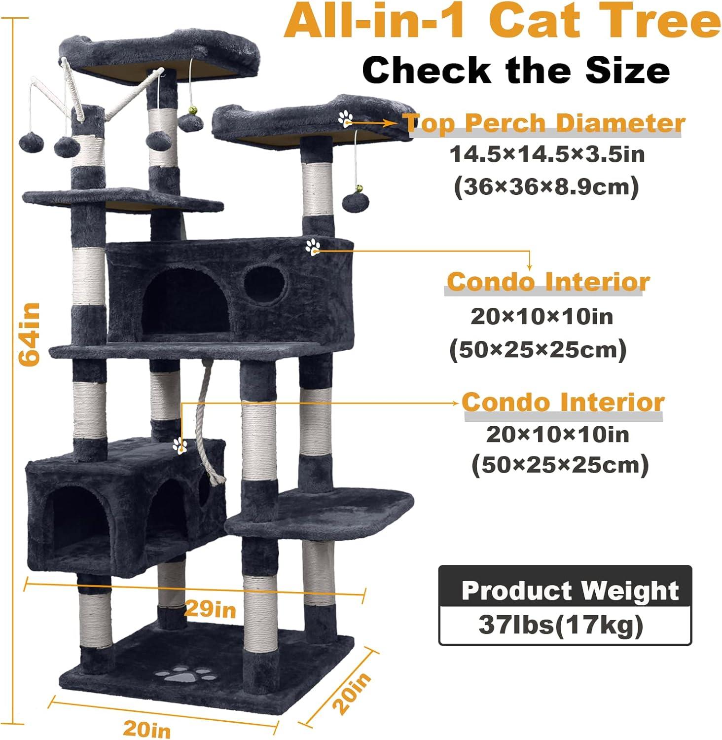 Cat Tree Tower for Indoor Cats,64 inches Large Multi-Level Cat Activity Center with Condos,Scratching Posts,Removable Fur Ball Sticks(Dark Grey002)
