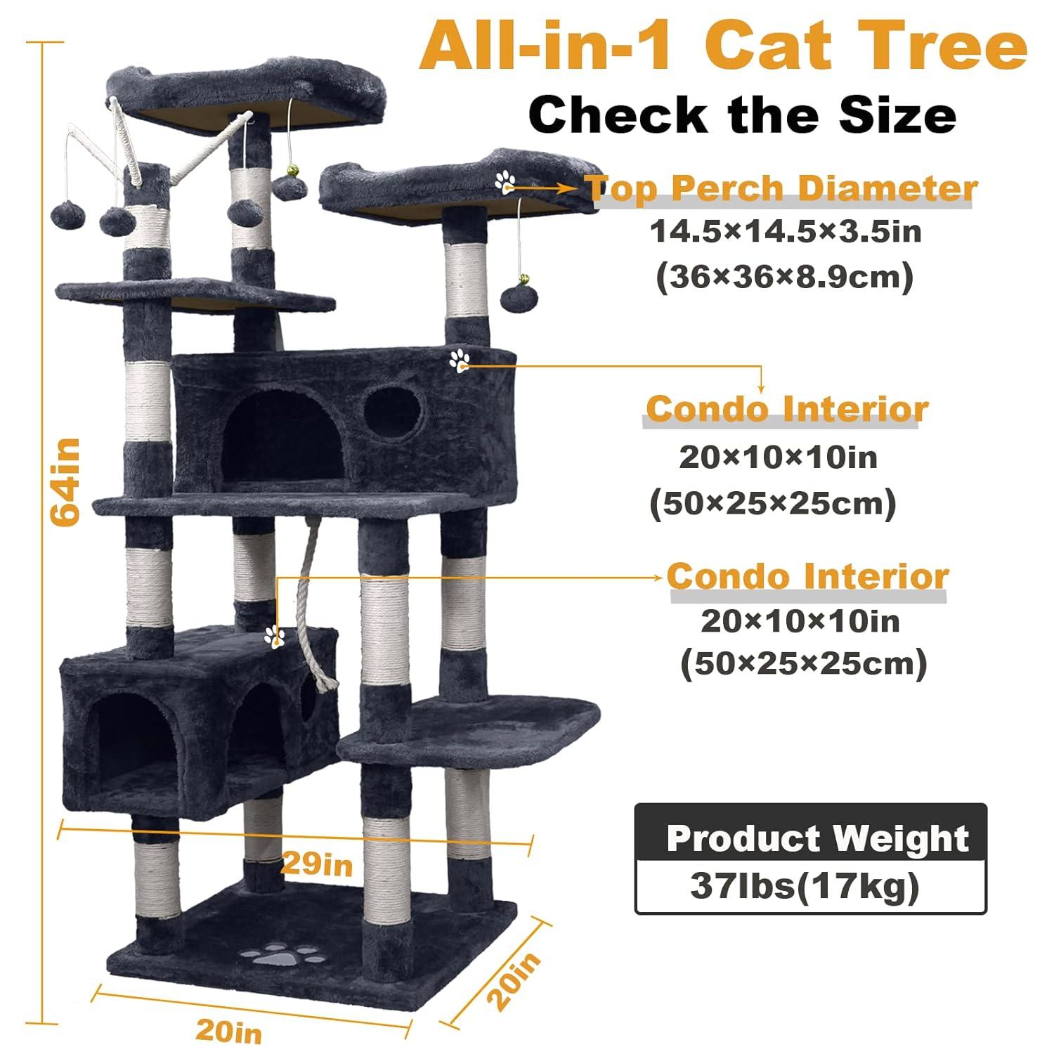 Cat Tree Tower for Indoor Cats,64 inches Large Multi-Level Cat Activity Center with Condos,Scratching Posts,Removable Fur Ball Sticks(Dark Grey002)