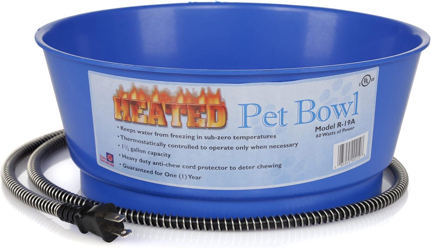 Farm Innovators R-19A 1.5 Gallon Electric Heated Pet Water Bowl with Thermostatic Control and Anti Chew Cord Protector, 60 Watt, Blue