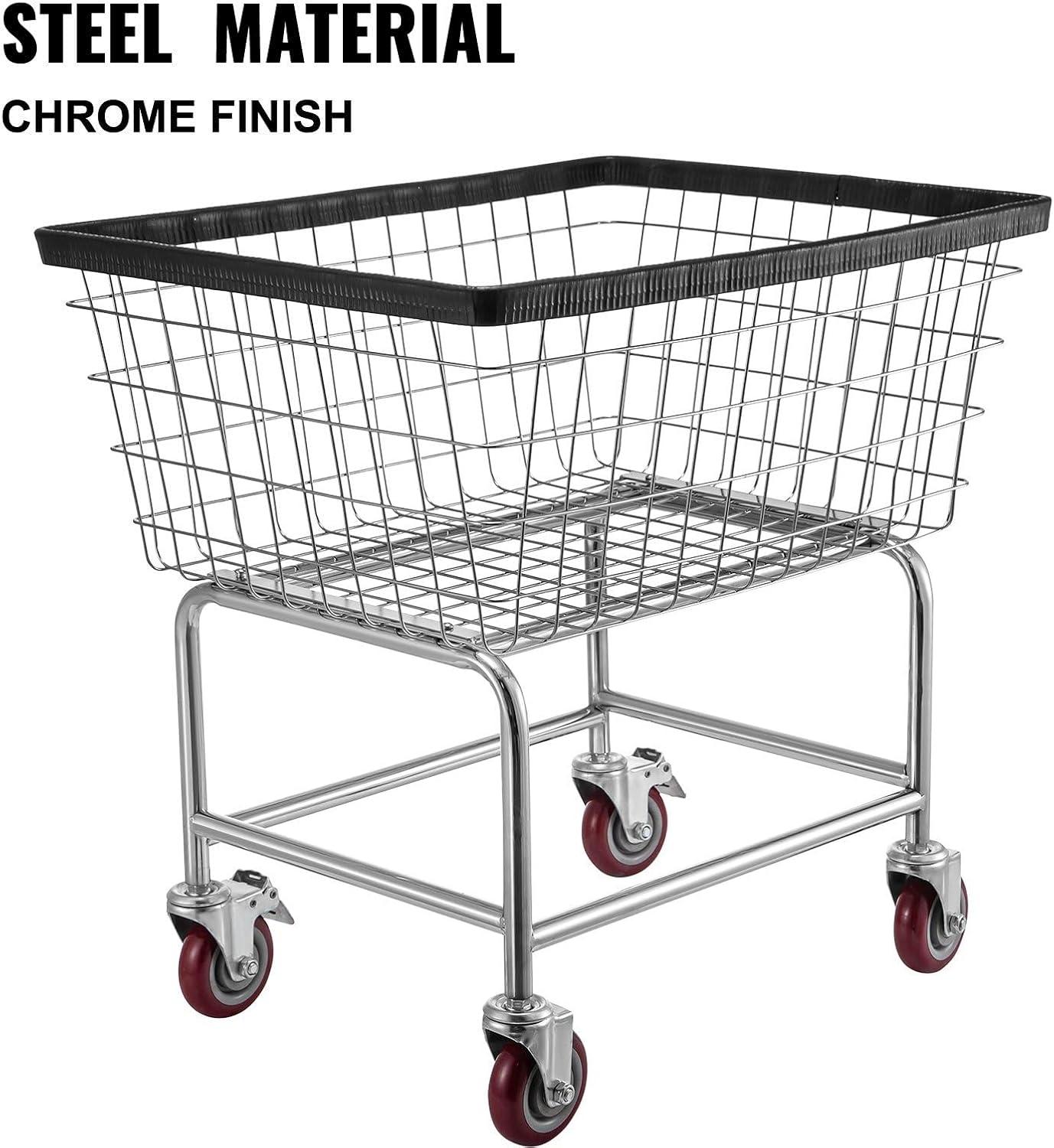 Wire Laundry Cart, 2.5 Bushel Wire Laundry Basket with Wheels, 21''x27''x27.5'' Commercial Wire Laundry Basket Cart, Steel Frame with Chrome Finish, 4inch Casters, Wire Basket Cart For Laundry