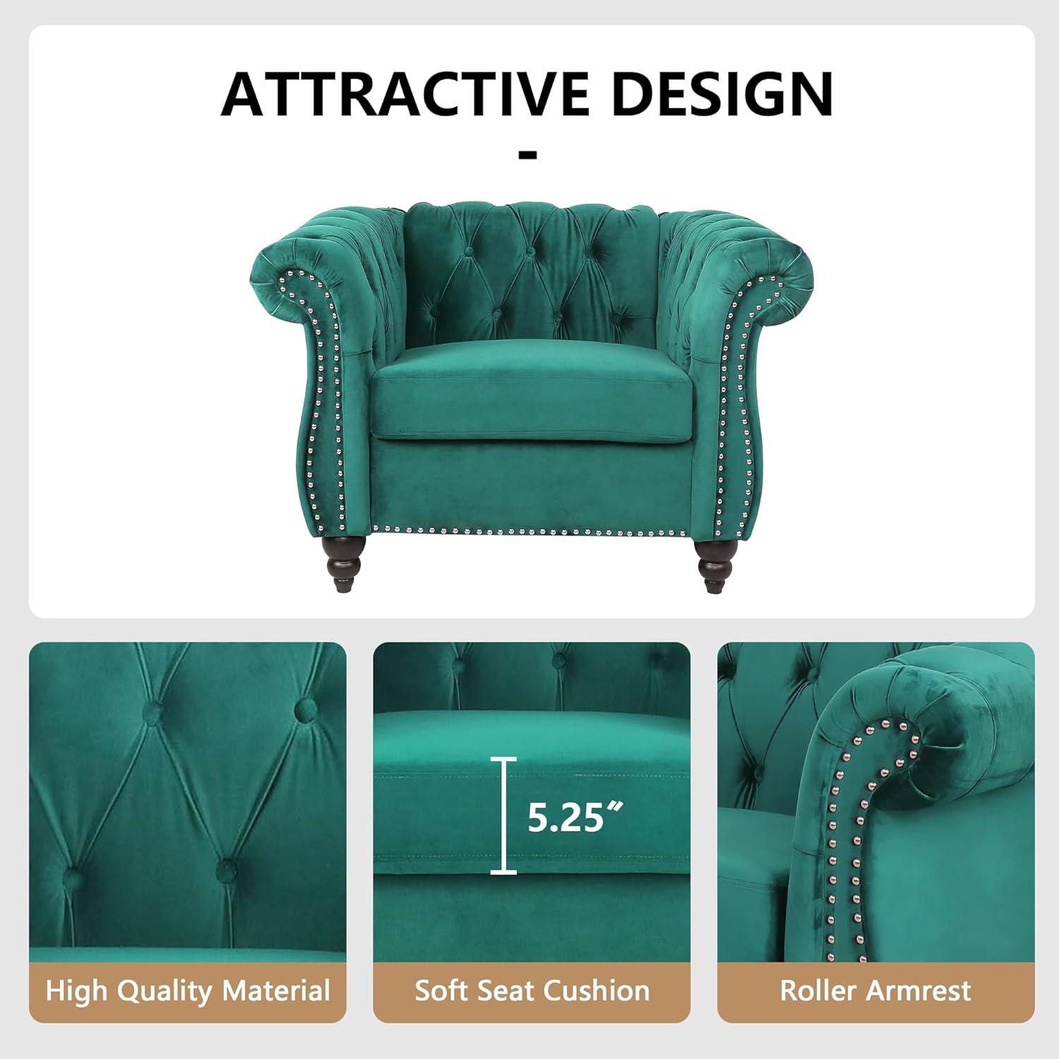 Green Velvet Chesterfield Accent Chair with Nailhead Trim