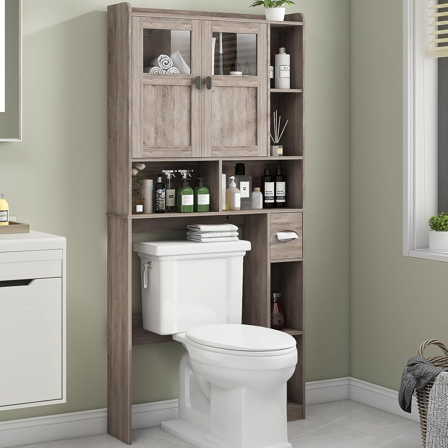 Bathroom Shelf Over Toilet with Glass Doors and Adjustable Shelves