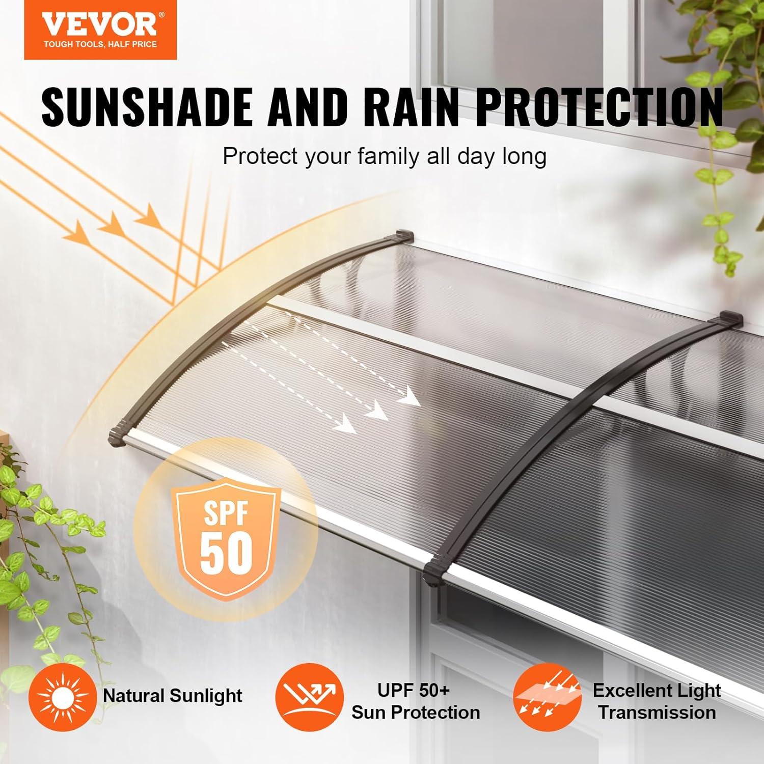 VEVOR Window Door Awning Canopy 40" x 40", UPF 50+ Polycarbonate Entry Door Outdoor Window Awning Exterior, Front Door Overhang Awning