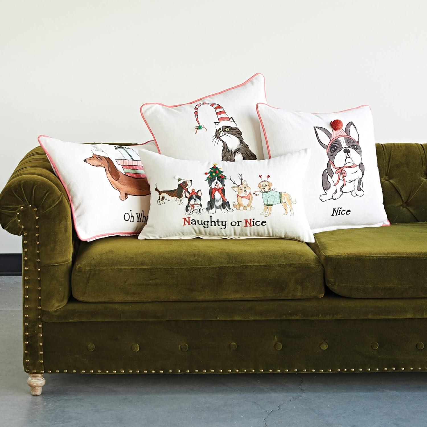 Creative Co-Op 24" L x 16" H Cotton Printed Lumbar Pillow w/Dog in Hat, Pom Pom, Embroidery, Piping & Patterned Back Oh What Fun!, Multi Color ©