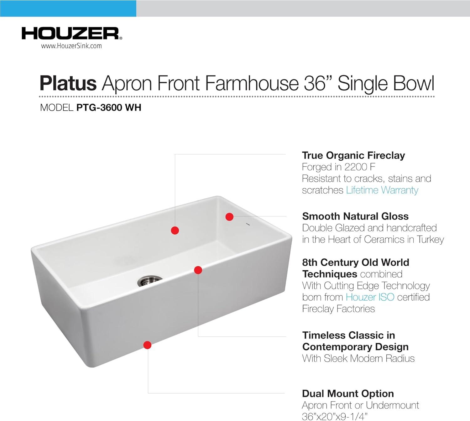 Houzer PTG-3600 WH Platus Houzer Farmhouse Apron Front/Undermount 36 inch Fireclay Single Bowl Kitchen Sink