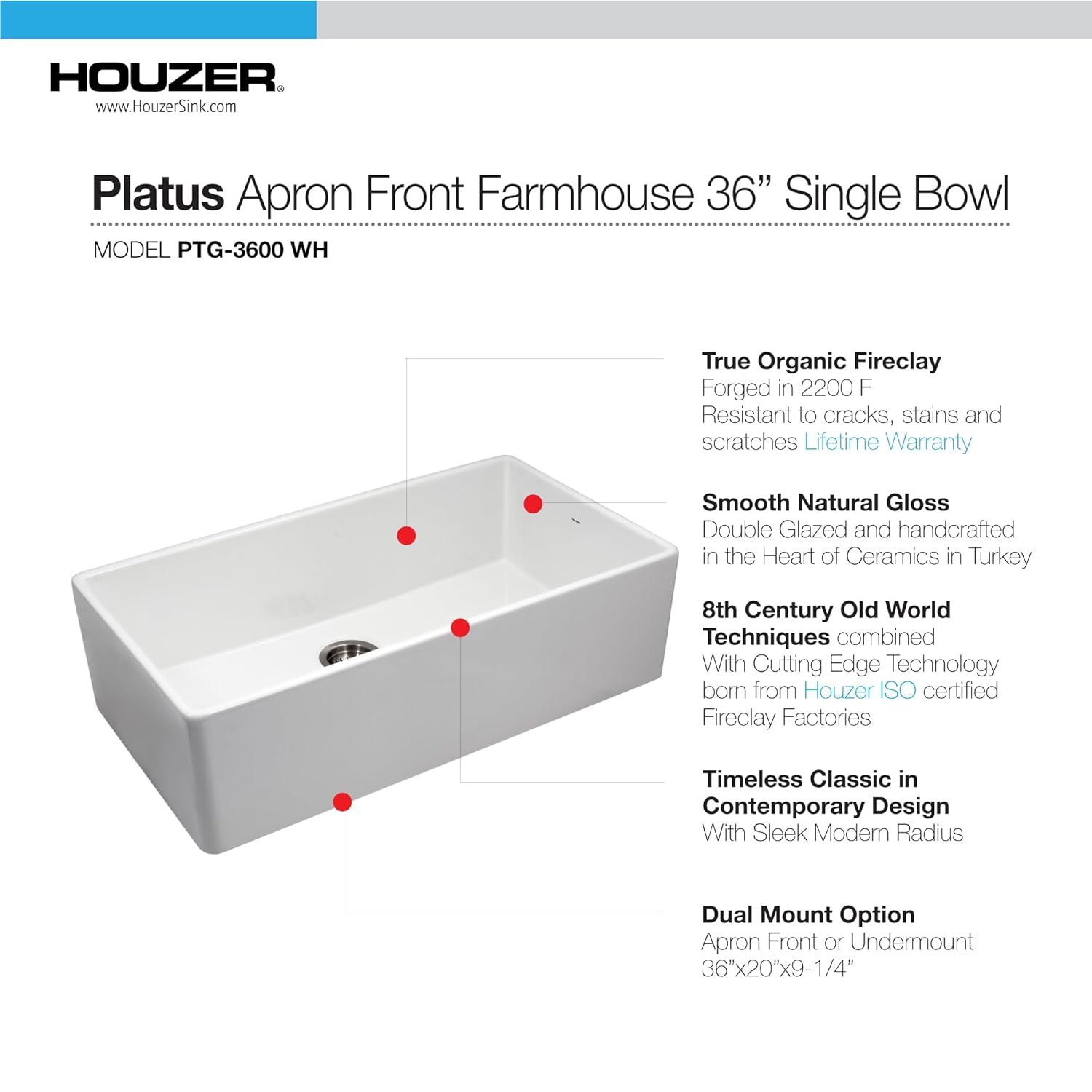 Houzer PTG-3600 WH Platus Houzer Farmhouse Apron Front/Undermount 36 inch Fireclay Single Bowl Kitchen Sink