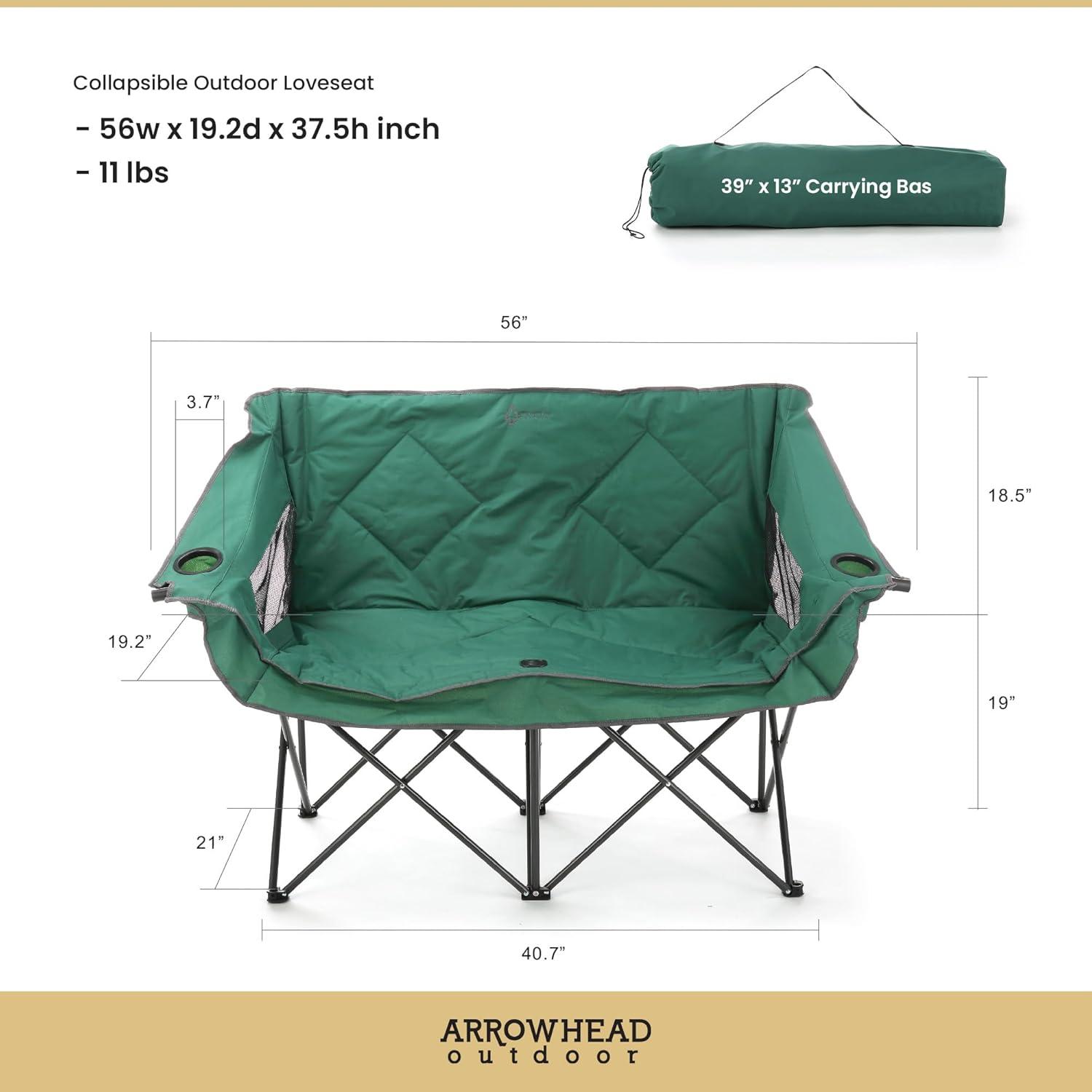 Arrowhead Outdoor Portable Folding Double Duo Camping Chair Loveseat Couch w/ 2 Cup & Wine Glass Holder, Supports up to 500lbs (Forest Green)