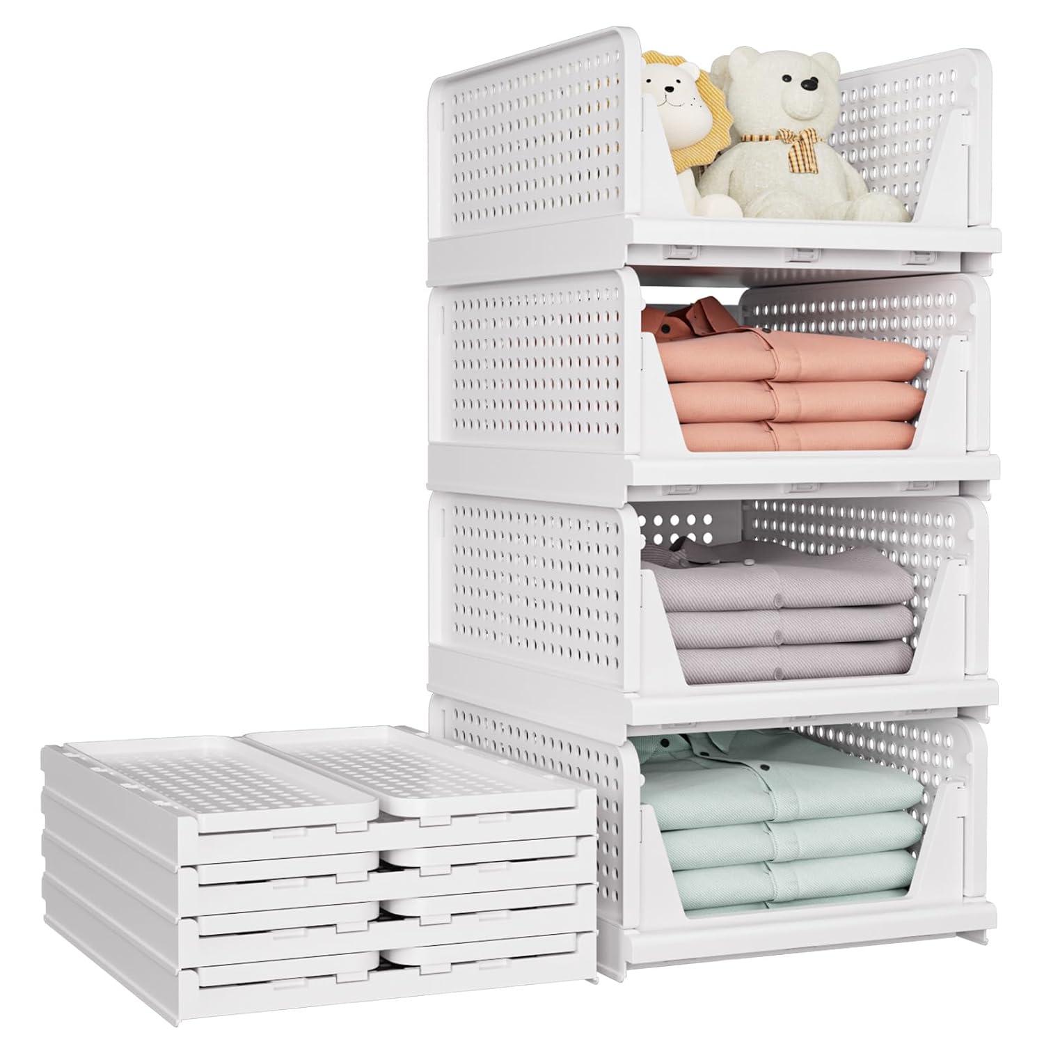 SNSLXH 5 Pack Stackable Closet Storage Basket, Multifunctional & Foldable Closet Organizer for Bathroom Kitchen Laundry Room Wardrobe Storage, Space-Saving Clothes Storage Drawer Organizer, White