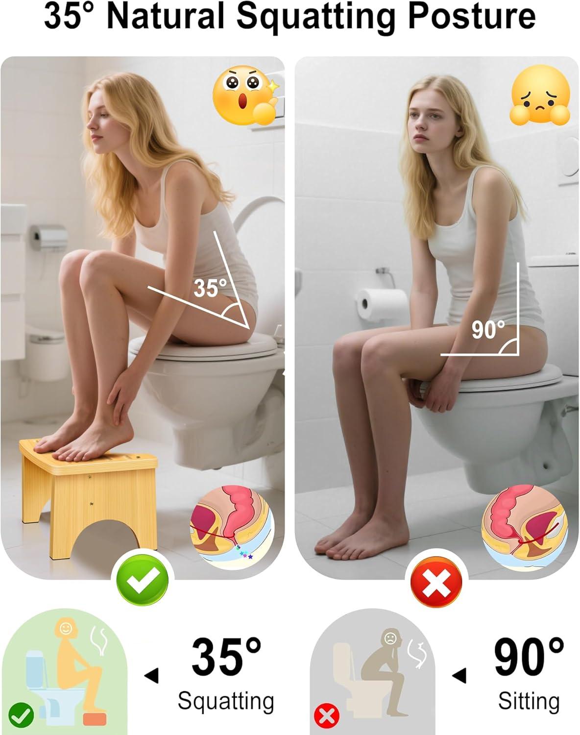 Bamboo Toilet Stool for Adults, 6.5" Toilet Stool Squat Adult Kids, Portable Simple Curve Squat Toilet Potty Stool, Non-Slip Poop Stool for Bathroom, Improve Squatting Posture and Comfort (Wood)