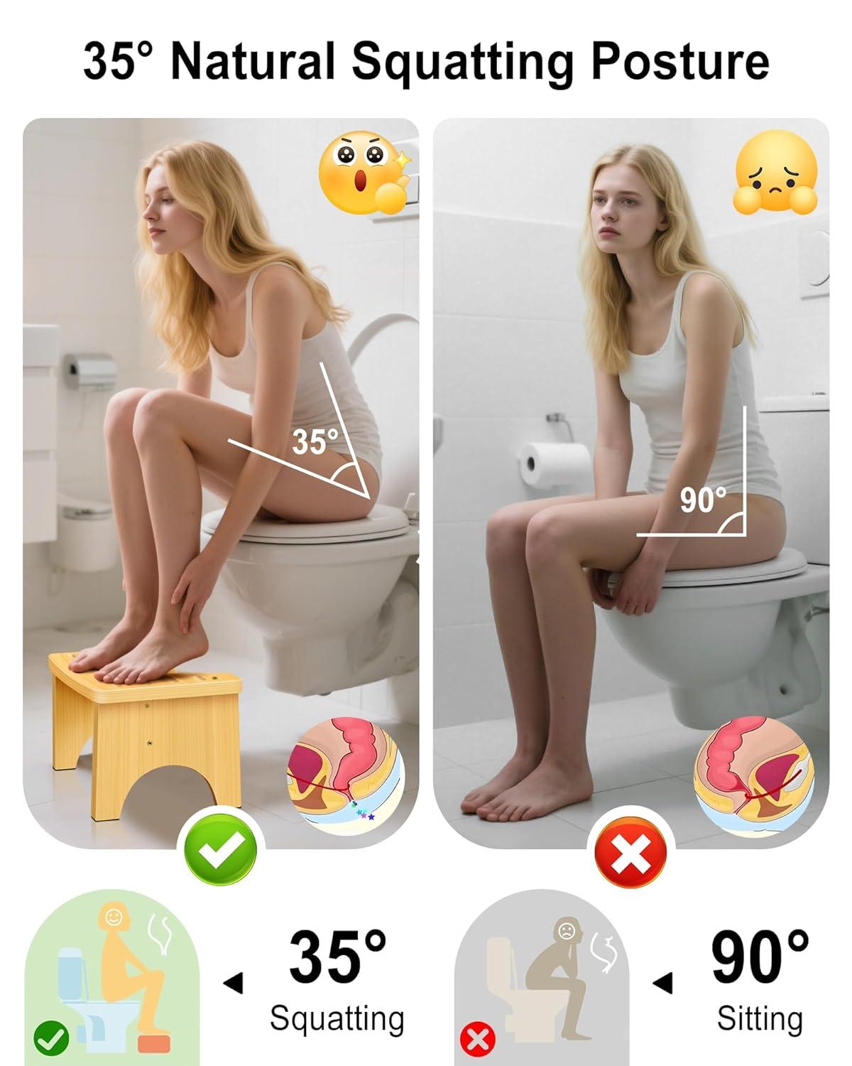 Bamboo Toilet Stool for Adults, 6.5" Toilet Stool Squat Adult Kids, Portable Simple Curve Squat Toilet Potty Stool, Non-Slip Poop Stool for Bathroom, Improve Squatting Posture and Comfort (Wood)