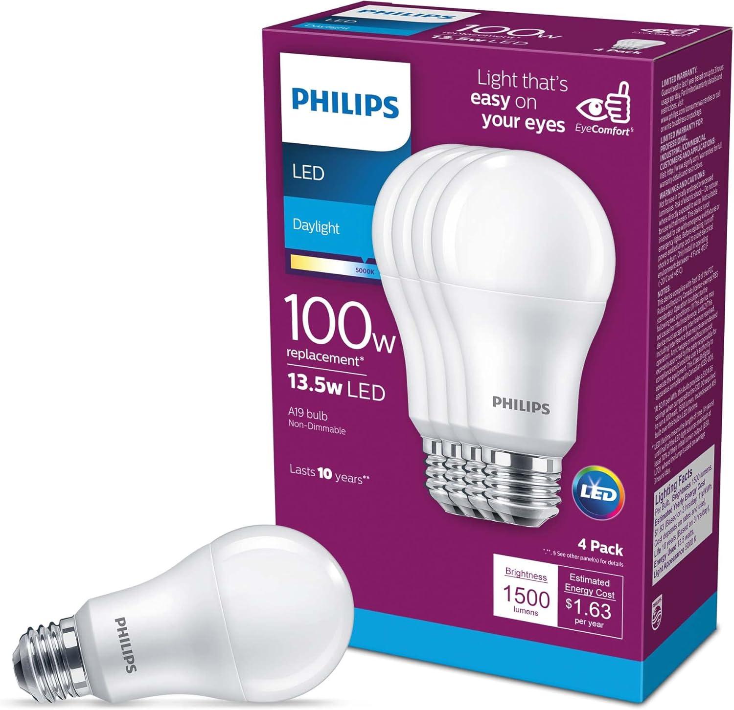 Philips 13.5W Frosted Daylight A19 LED Light Bulb 4-Pack