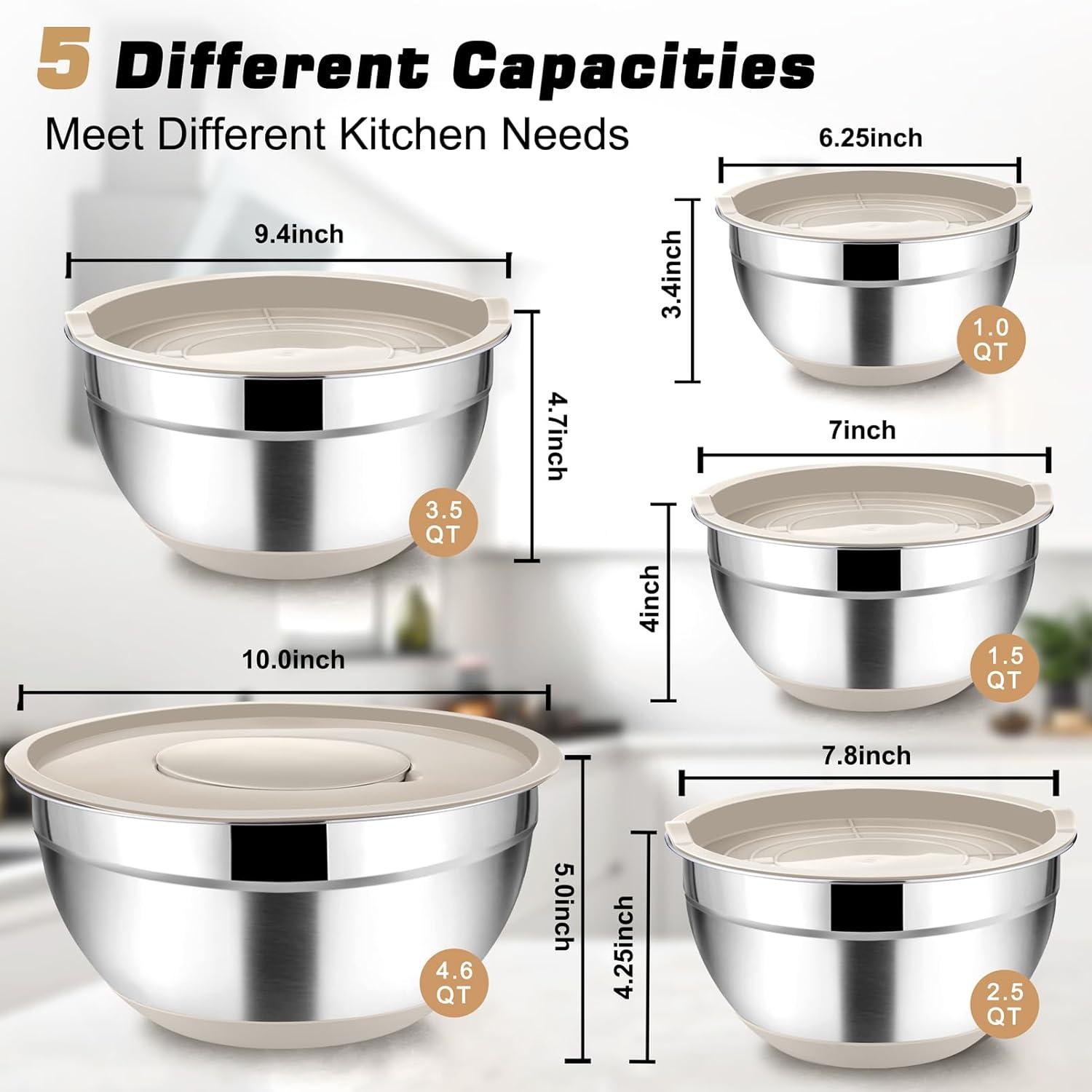 Khaki Stainless Steel Nesting Mixing Bowls with Lids Set of 5