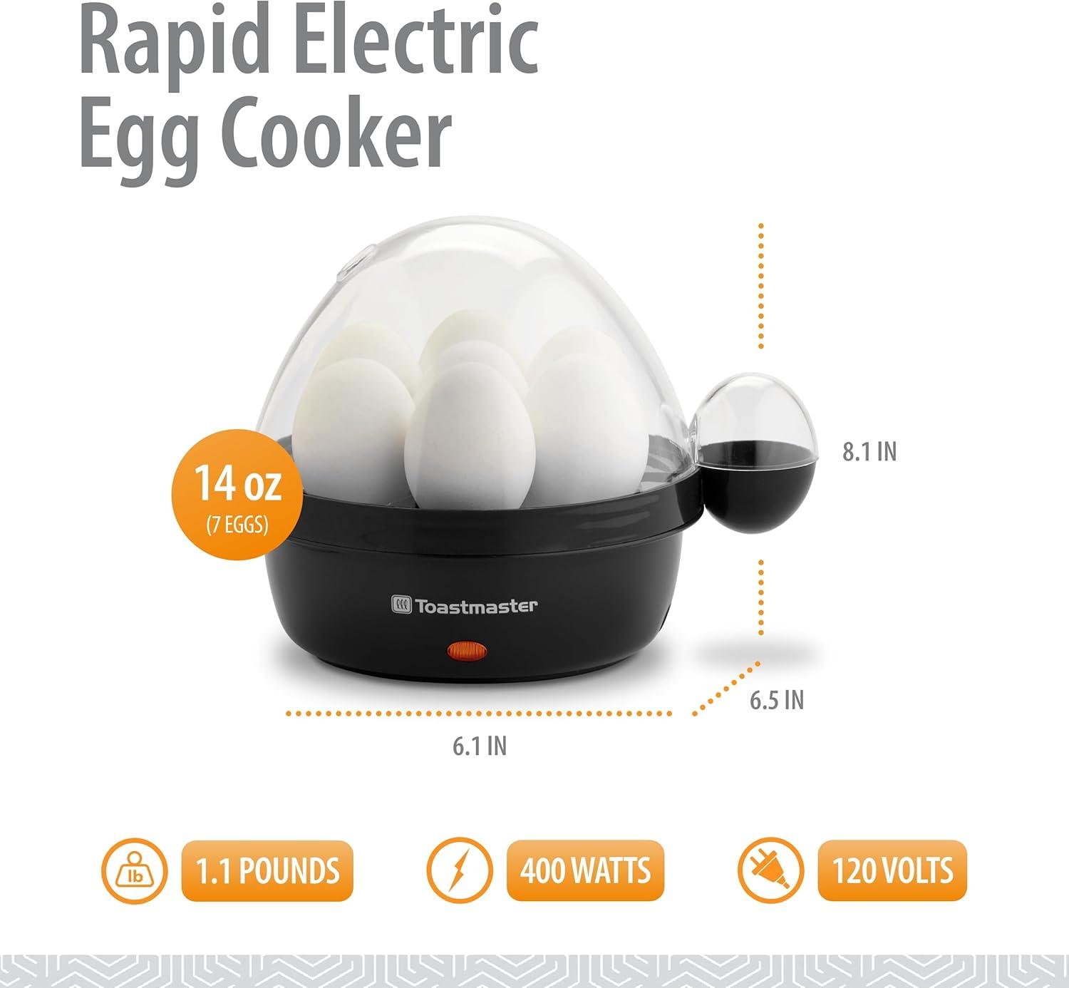 Toastmaster Rapid Electric Egg Cooker with Auto-Off, 7 Egg Capacity for Soft, Medium and Hard Boiled Eggs, Poaching Tray, Black