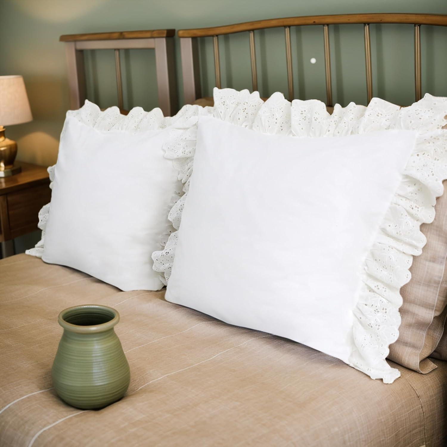 Lemfux Cotton Euro Shams with White Lace Ruffles, 26 x26 Inch, Set of 2,Rustic Farmhouse Lace Shabby Soft Breathable Bridal Pure White European, White Decorative Pillow Covers