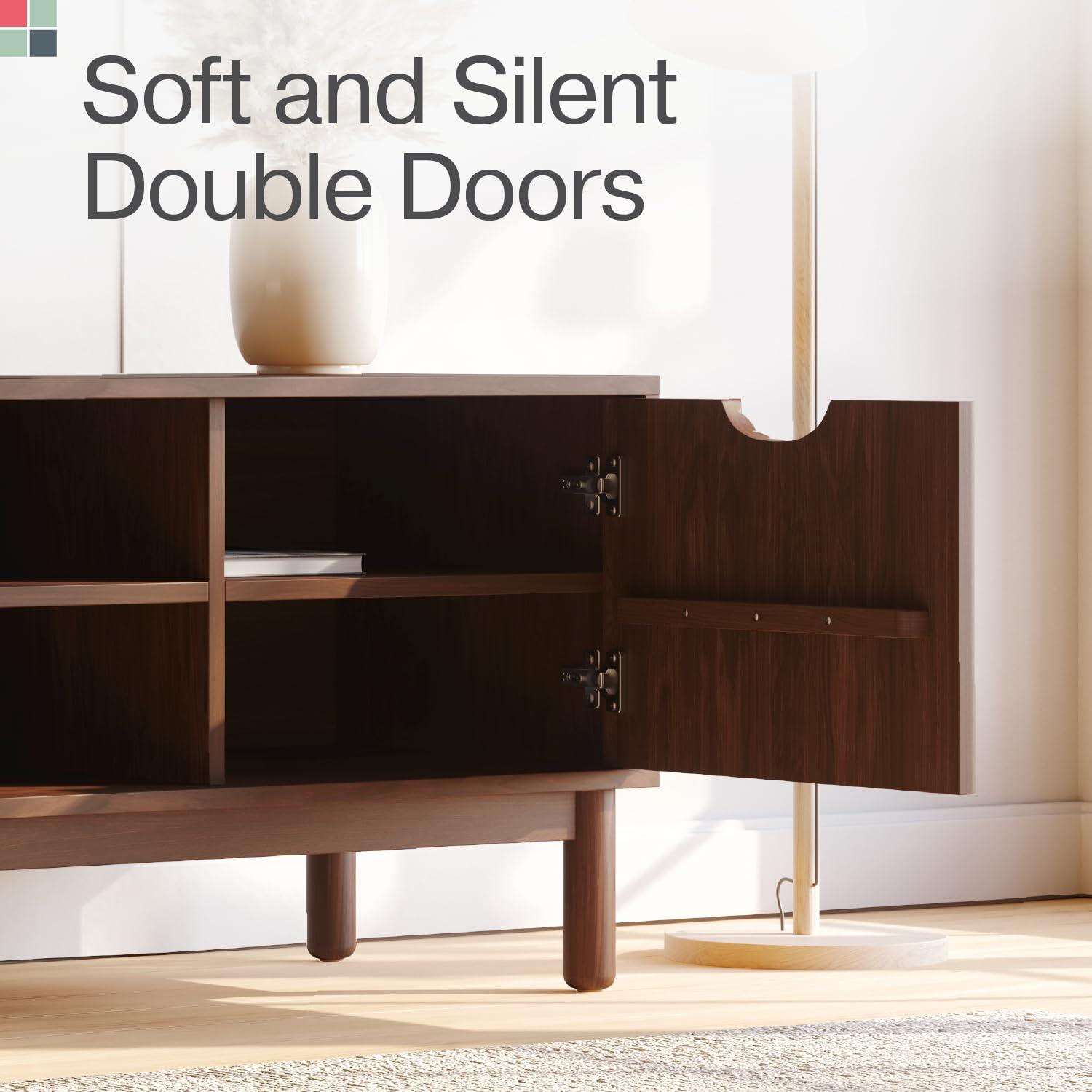 Stead Low Profile Fluted TV Stand - Mid Century Media Console - 48” Entertainment Center with Shelves and Doors, Walnut Finish