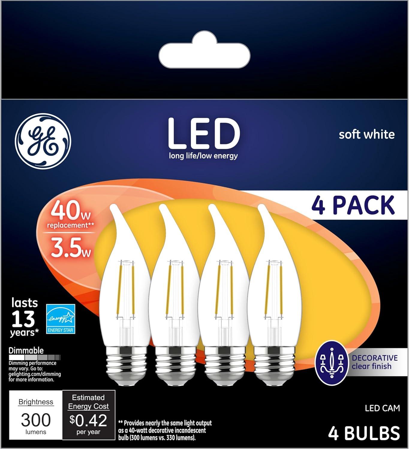 GE Soft White Clear Dimmable LED Candle Bulbs, 4-Pack