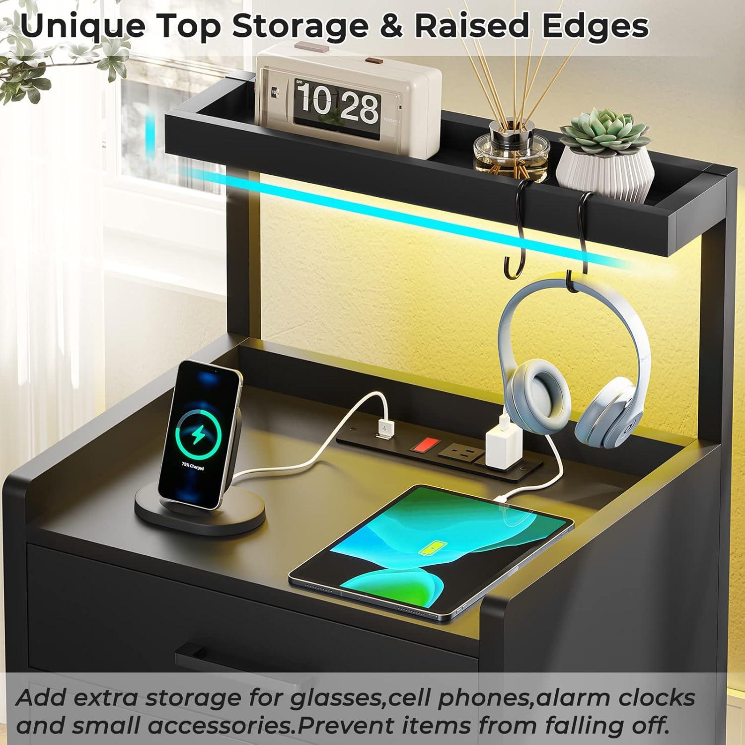 Afuhokles Led Nightstand with Charging Station,2 Drawers Night Stands with Led Lights, Black Bedside Tables with Storage Shelves