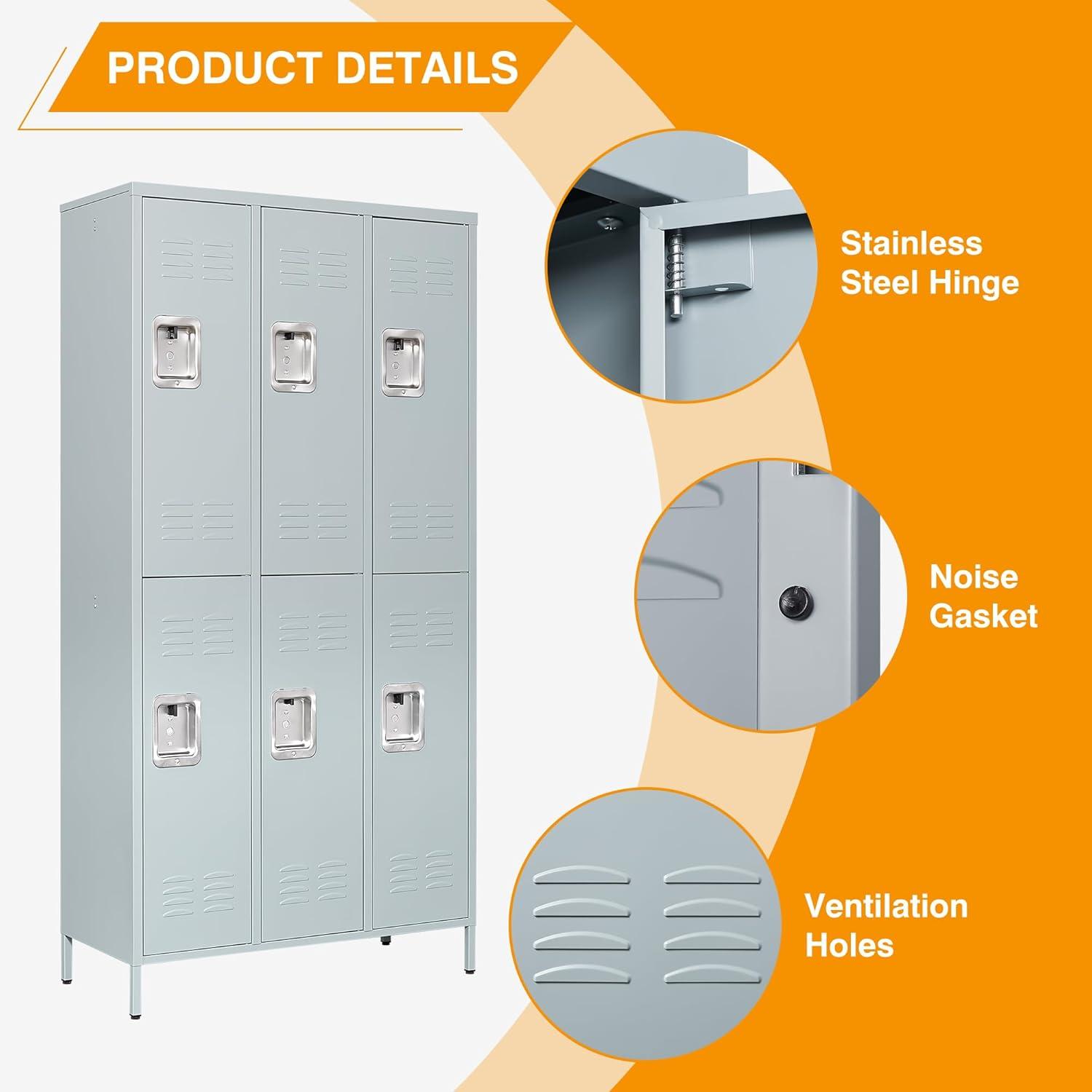 STANI Metal Lockers for Employees with Lock, 6 Doors Tall Steel Storage Locker with Shelves, Lockable Steel Cabinet for School Gym Office Garage (Grey, 6 Doors)
