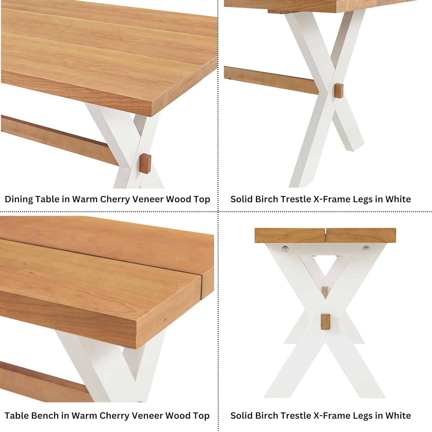 Chelsea 72" Wide Farmhouse Style Table With Crossed Legs Rectangular Dining Table with Bench