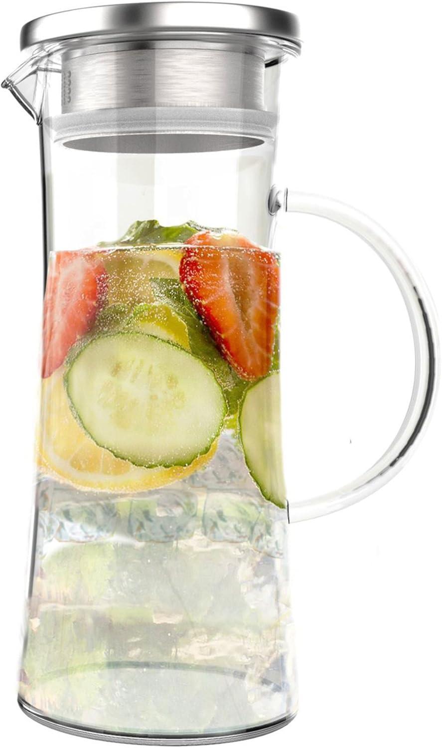 Glass Pitcher-50oz. Carafe with Stainless Steel Filter Lid- Heat Resistant to 300F-For Water, Coffee, Tea, Punch, Lemonade and More by Classic Cuisine