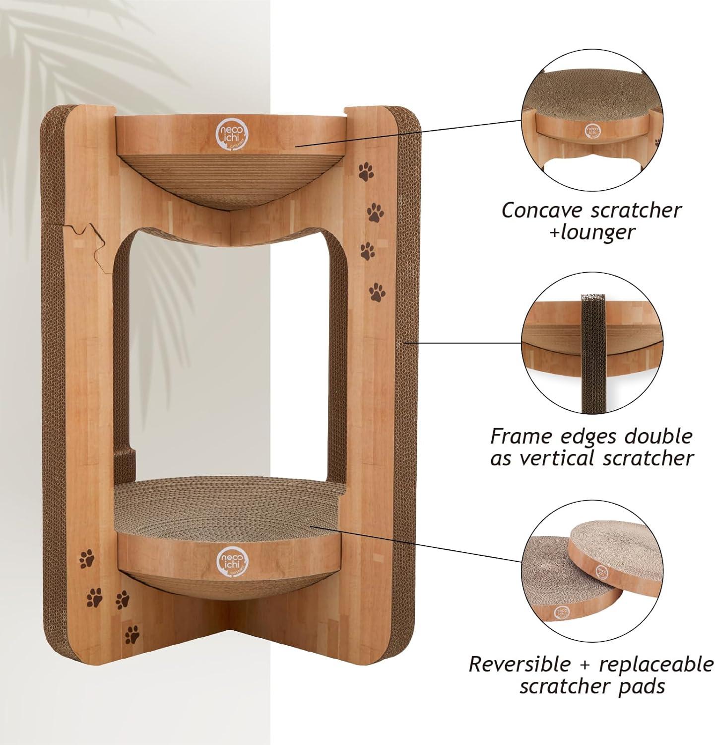 Necoichi Cat Scratcher Tower for Indoor Cats - Cat Scratching Post Lounger with Reversible Usability and Extra Comfort for Lounge, Cardboard Bed Couch / (Regular, Oak)
