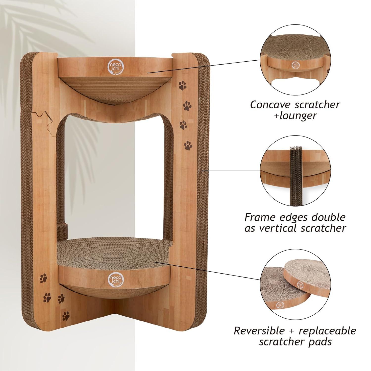 Necoichi Cat Scratcher Tower for Indoor Cats - Cat Scratching Post Lounger with Reversible Usability and Extra Comfort for Lounge, Cardboard Bed Couch / (Regular, Oak)