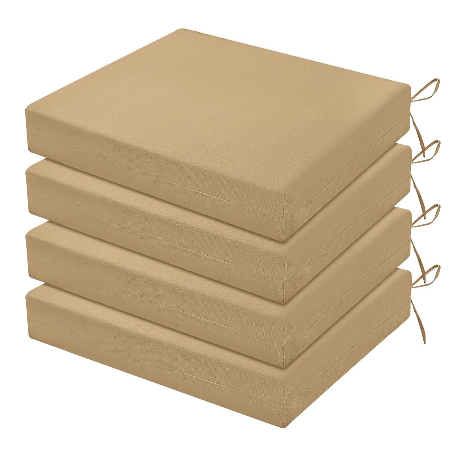 LOVTEX Outdoor Chair Cushions Set of 4, Waterproof Patio Chair Cushions with Ties, 18.5 x 16 x 3 inch, Khaki